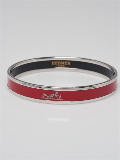 Hermes Red Enamel Palladium Plated Caleche Narrow Bracelet